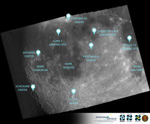 Figure 3. Notable features include the famous landing sites of Apollo 11, Luna 5, and Surveyor 3 & 4; Tycho Crater, Gassendi Crater, Ptolemaeus Crater, Schickard Crater, Copernicus Crater, Mare Humorum, Mare Nubium, and Mare Nectaris.